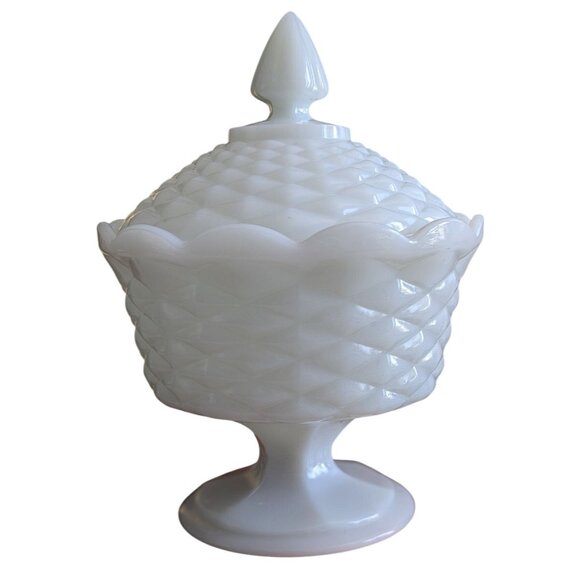 Other - Vintage Milk Glass Pedestal Covered Candy Dish Basket Weave Design 10" Tall Coll